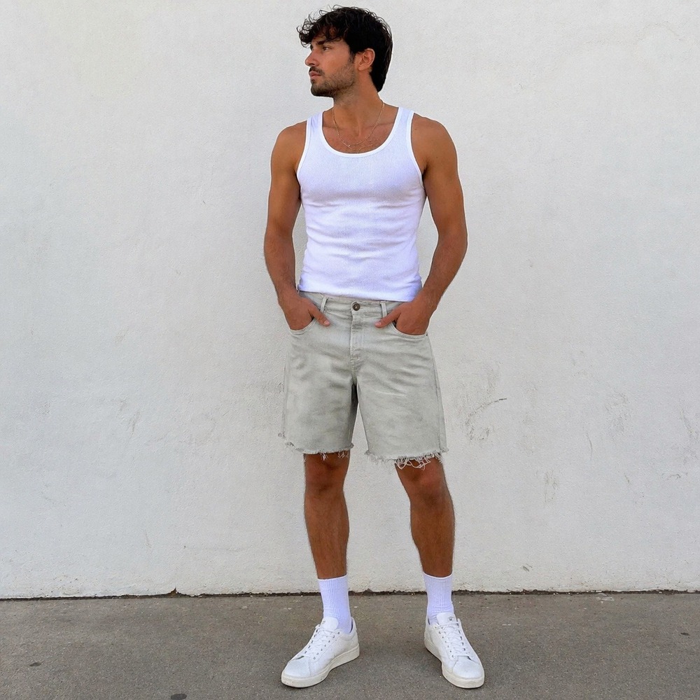 FRAME‎ L'Homme Mens Cut Off Washed Desert Sage Distressed Denim Shorts 36